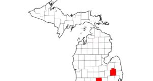 Maps showing counties with confirmed cases of Strangles in Ohio, Michigan, and Florida