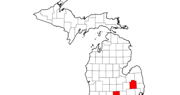 Maps showing counties with confirmed cases of Strangles in Ohio, Michigan, and Florida