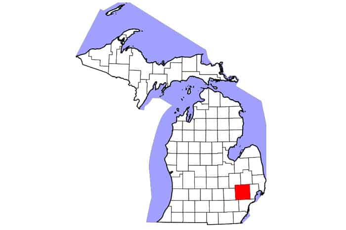Maps showing counties with confirmed cases of Strangles in Ohio, Michigan, and Florida