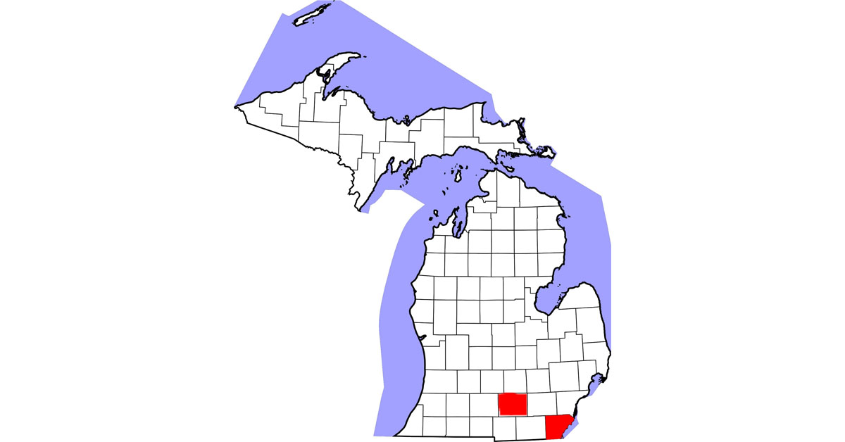 Maps showing counties with confirmed cases of Strangles in Ohio, Michigan, and Florida