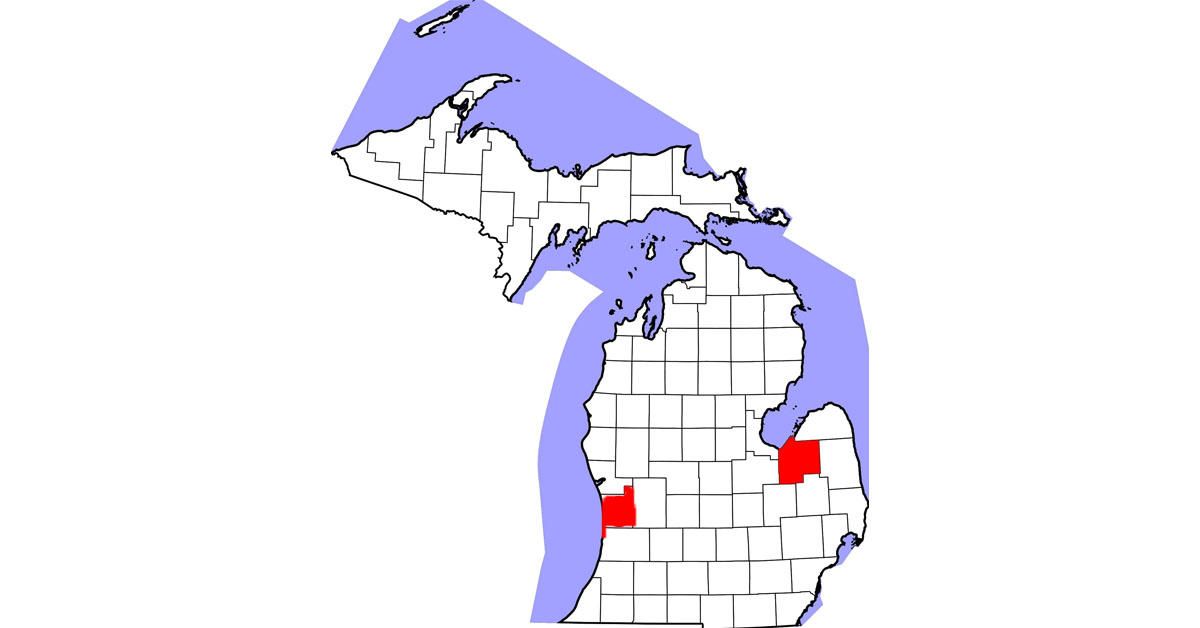 Maps showing counties with confirmed cases of Strangles in Ohio, Michigan, and Florida