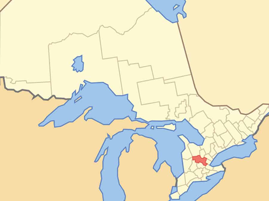 Map of Ontario, Canada, highlighting Wellington County